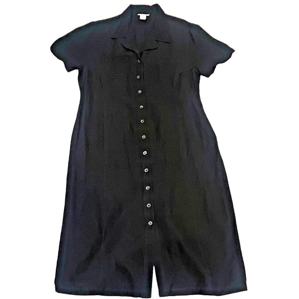 Avenue Black Linen Blend Button Down Short Sleeve Midi Shirt Dress Womens 14